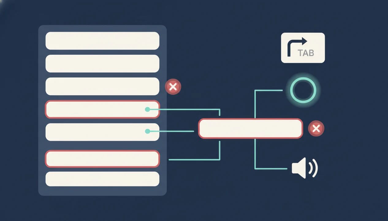 A diagram shows a highlighted form error connected to a summary, focus cue, and assistive technology icon.