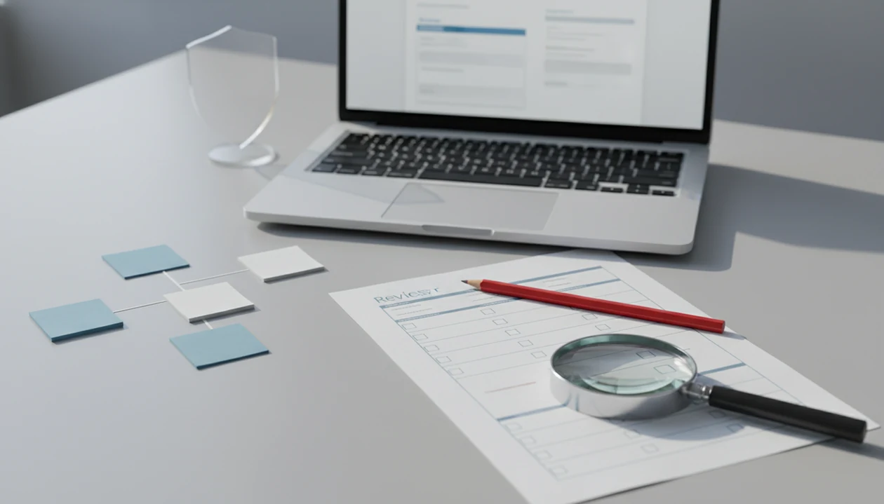 A desk setup shows a blank form, checklist, pencil, magnifying glass, and shield symbol for review.
