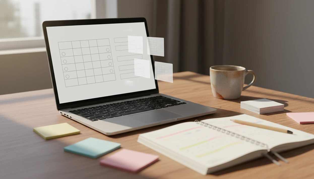 A teacher’s desk shows lesson notes flowing into a laptop with a blank quiz form layout.