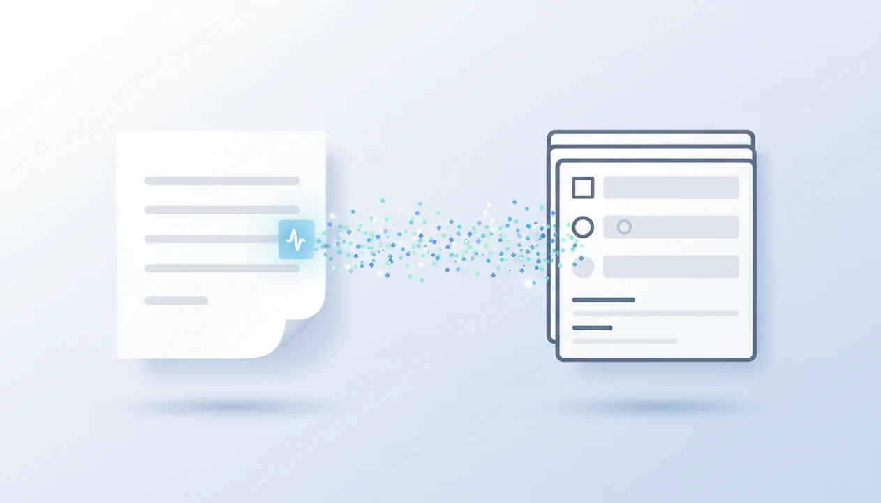 An abstract prompt card transforms into editable form fields in a clean SaaS-style illustration.