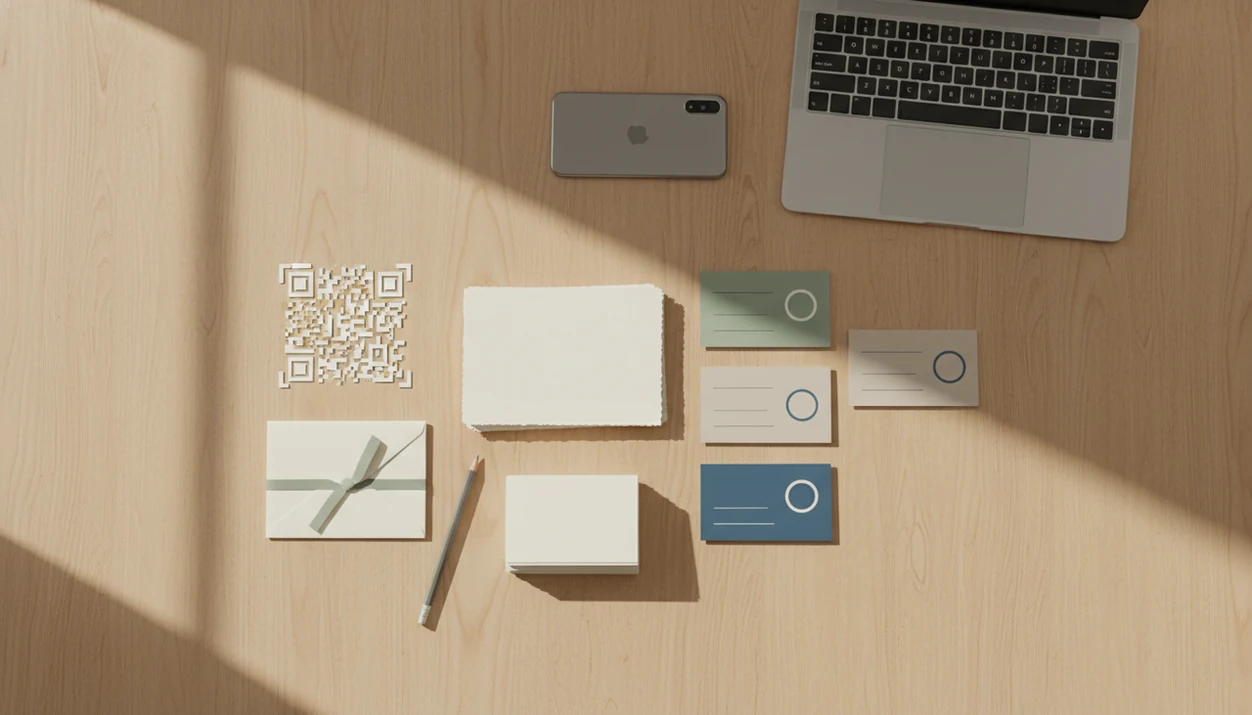 A tidy event planning flat lay with blank RSVP cards, envelopes, check marks, and a phone on a wooden desk.