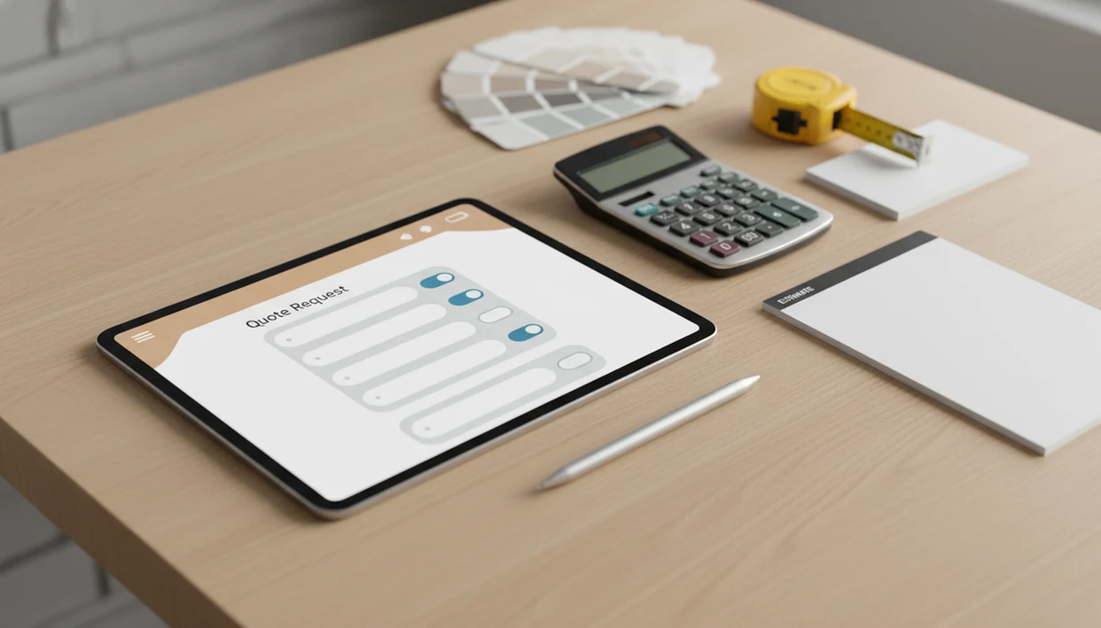 A tablet with blank form fields sits beside quoting tools on a tidy service business desk.