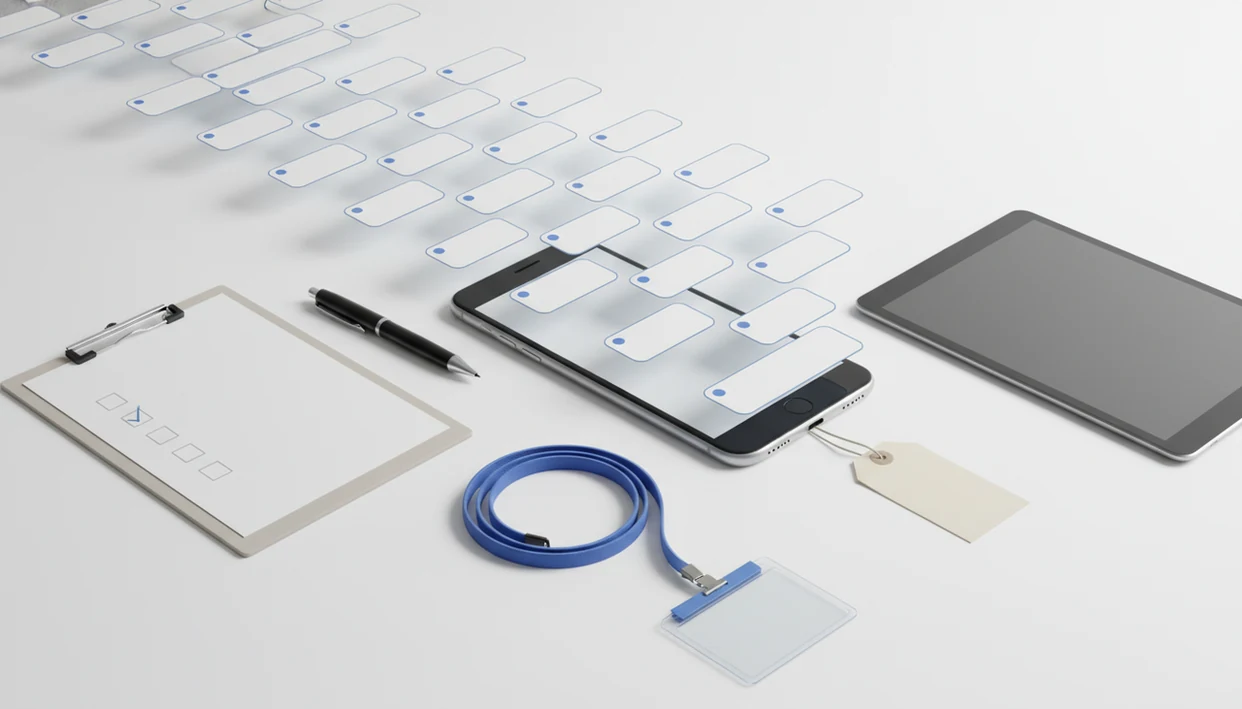 A smartphone turns paper forms and field notes into organized digital response cards on a tidy desk.