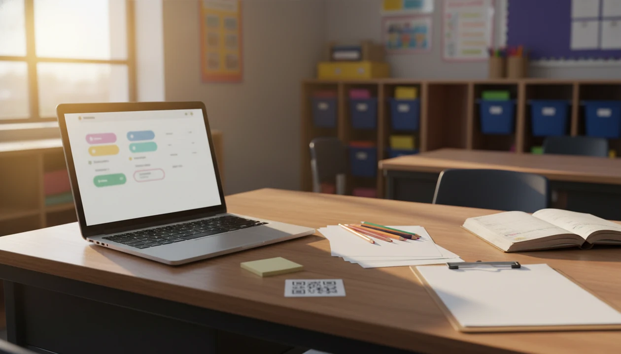 A teacher desk shows classroom paperwork beside a laptop with a blurred digital form builder interface.