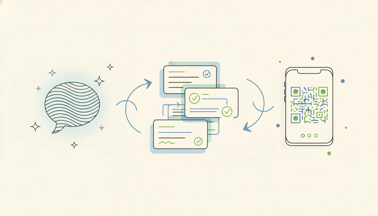 A simple diagram shows AI turning a prompt into form fields, logic, sharing, and responses.