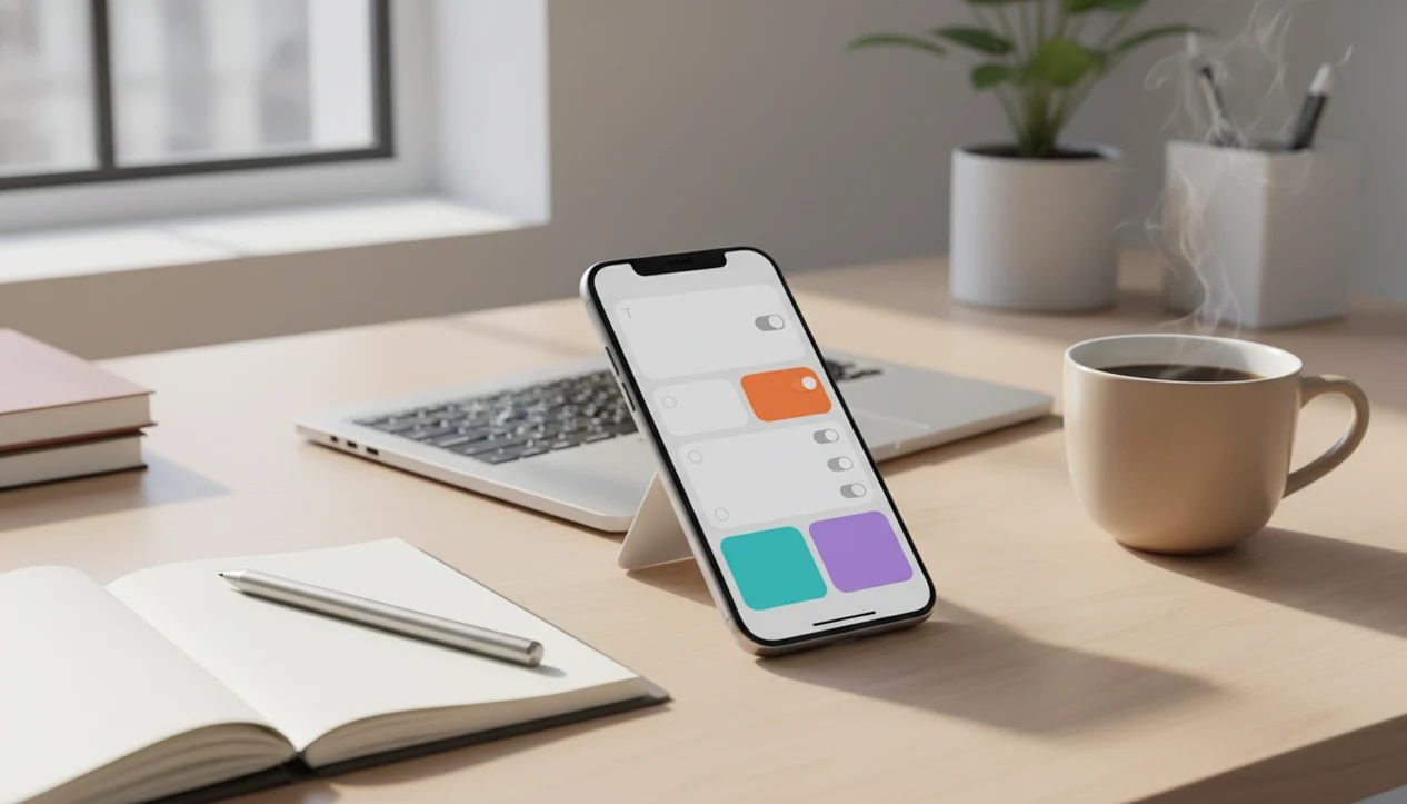 A smartphone and laptop on a clean desk suggest building forms quickly in an app-first workspace.