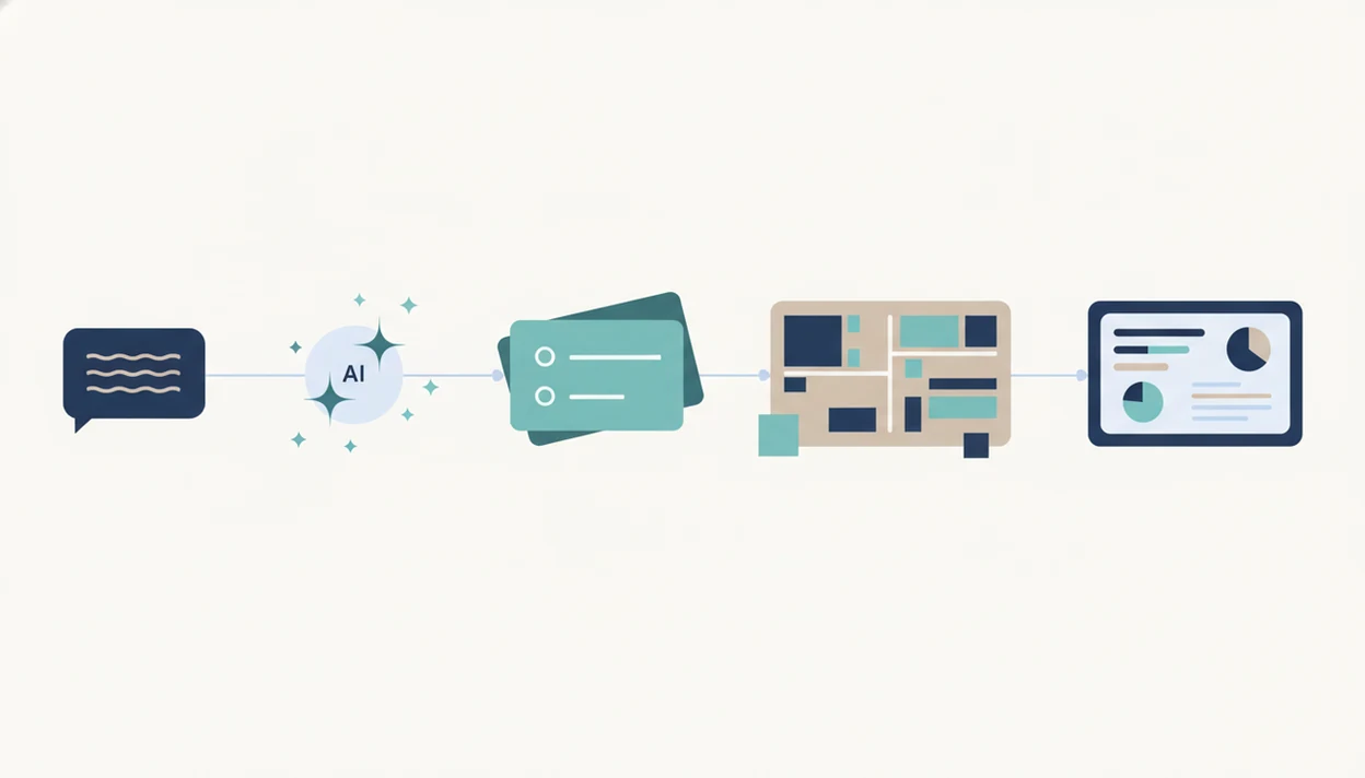 A simple diagram shows an AI survey workflow from prompt to questions, editing, and analytics.