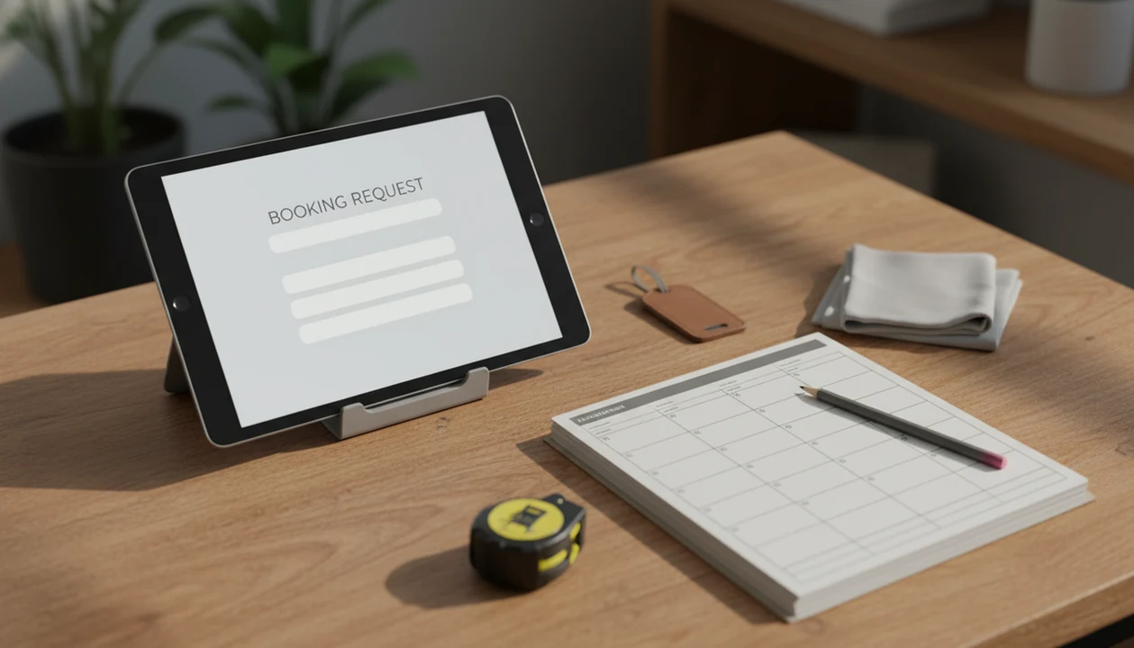 A tablet with a blank booking request form beside a planner and service tools on a worktable.