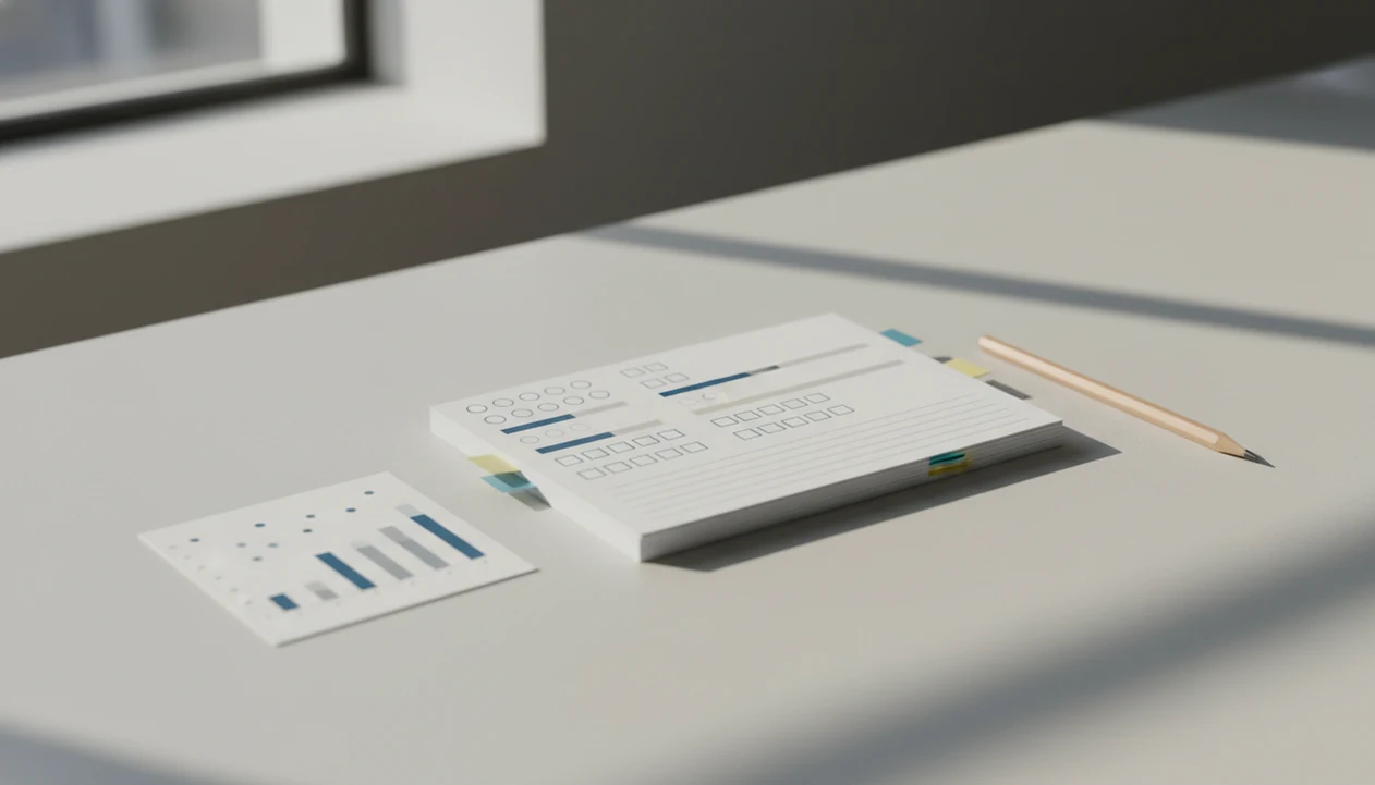 A tidy desk shows blank survey template cards with rating fields, checkboxes, and abstract analytics notes.
