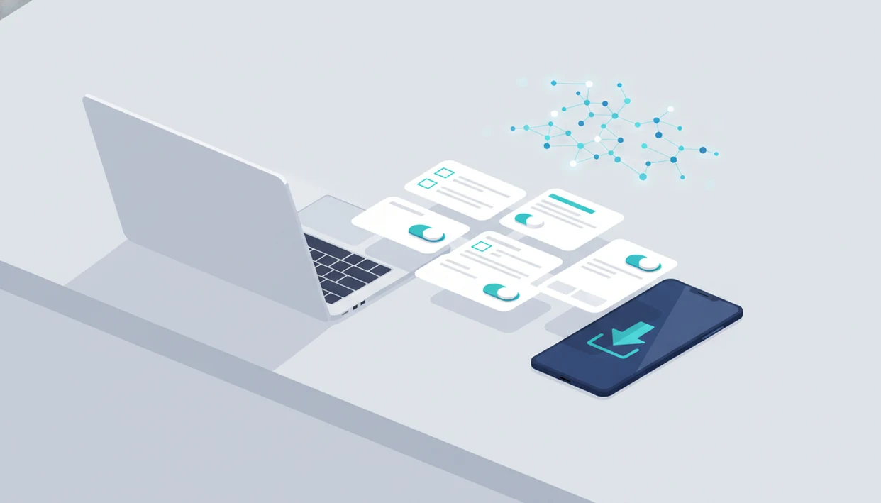 An illustrated phone and laptop with blank form cards and AI spark shapes suggesting an app-based form builder.