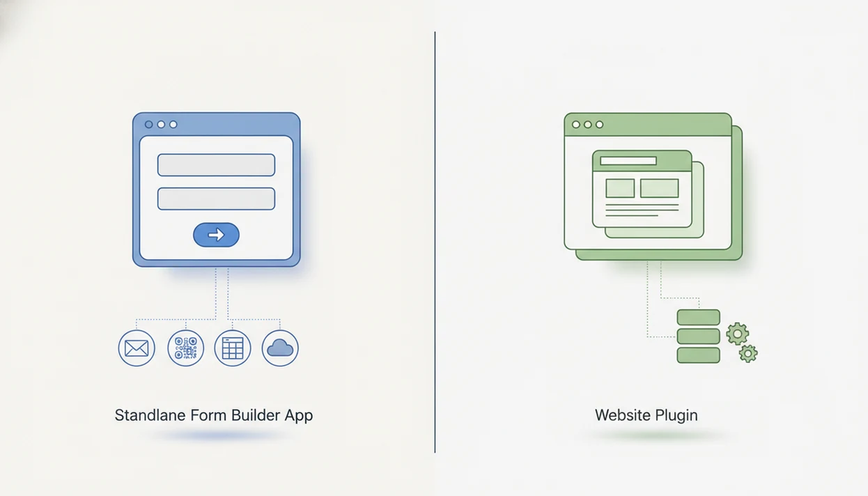 A split illustration compares a cloud form app with a website plugin workflow using panels, gears, and sharing icons.