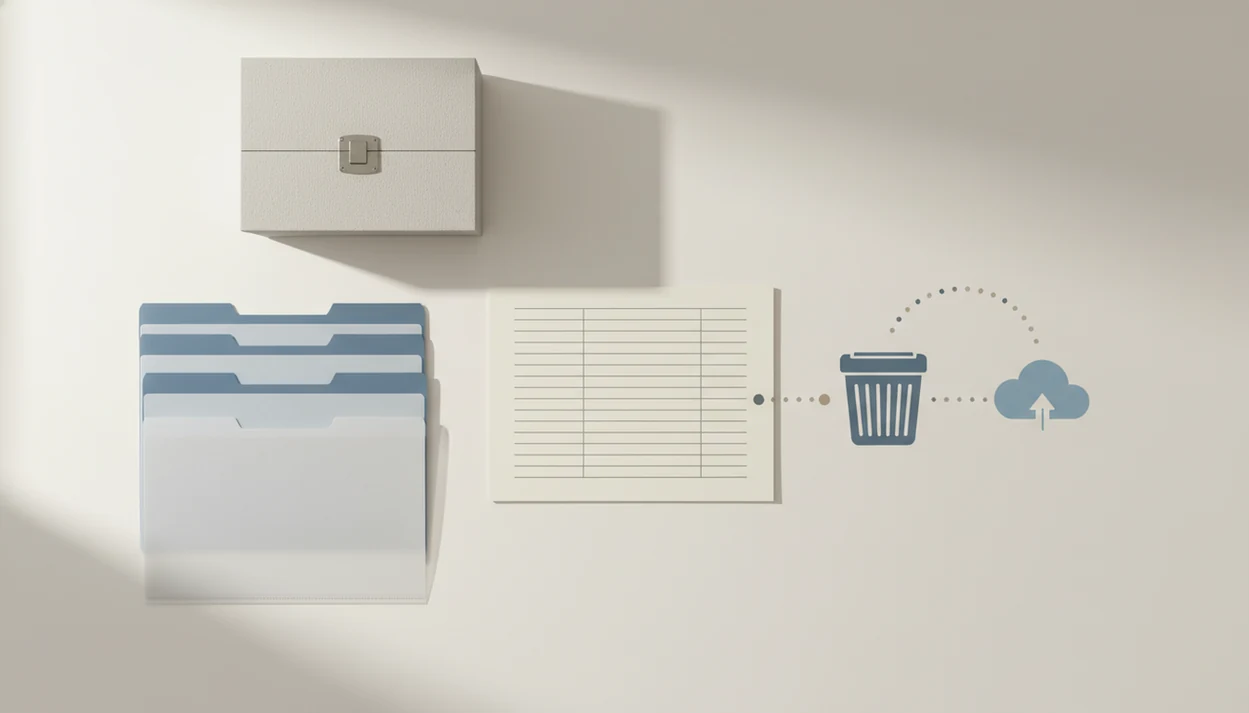 A blank form, folders, archive box, and deletion symbols arranged as a data retention workflow.