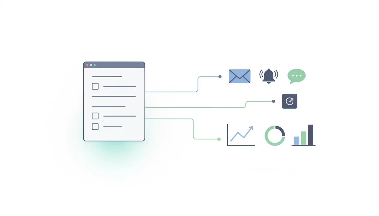 A form sends submissions to notification icons and analytics charts in a clean workflow illustration.