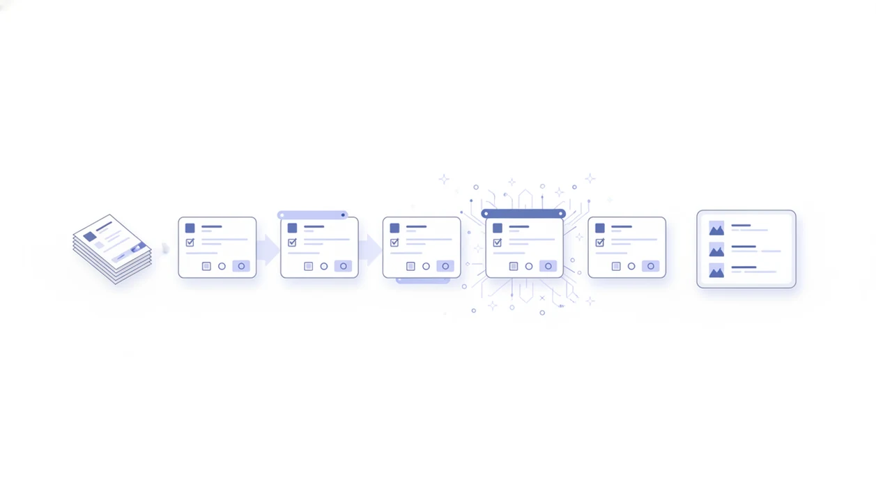 Blank template cards flow into a finished form layout, suggesting faster form creation with smart templates.