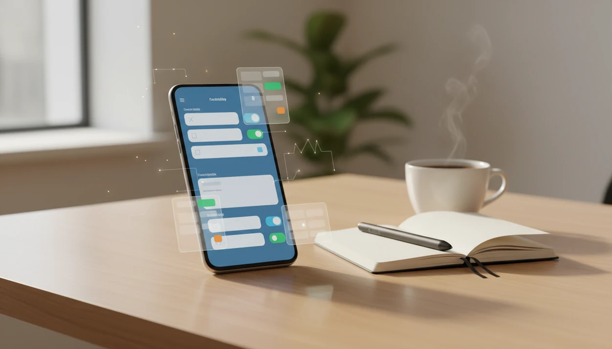 An Android phone displays a blank mobile form builder interface on a tidy desk with work tools nearby.