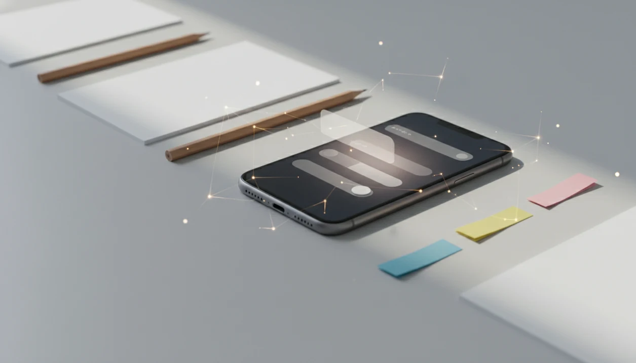 An iPhone on a tidy desk with abstract form blocks and AI-like light nodes floating above it.