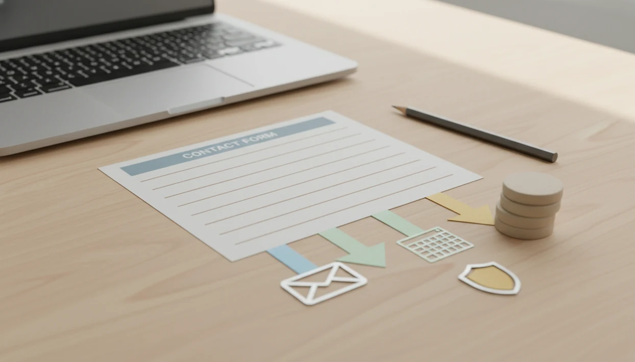 A desk still life shows a blank contact form routed toward email, spreadsheet, and spam protection icons.