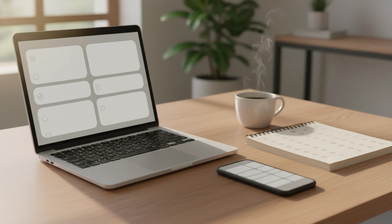 A laptop, phone, notebook, and coffee sit on a desk ready for building a quick feedback survey.