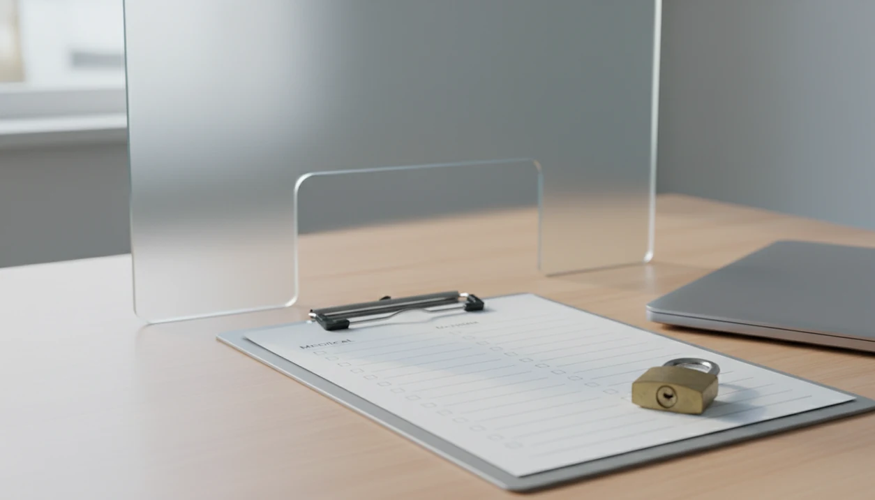 A blank health intake form sits beside a padlock on a quiet desk, suggesting protected data handling.
