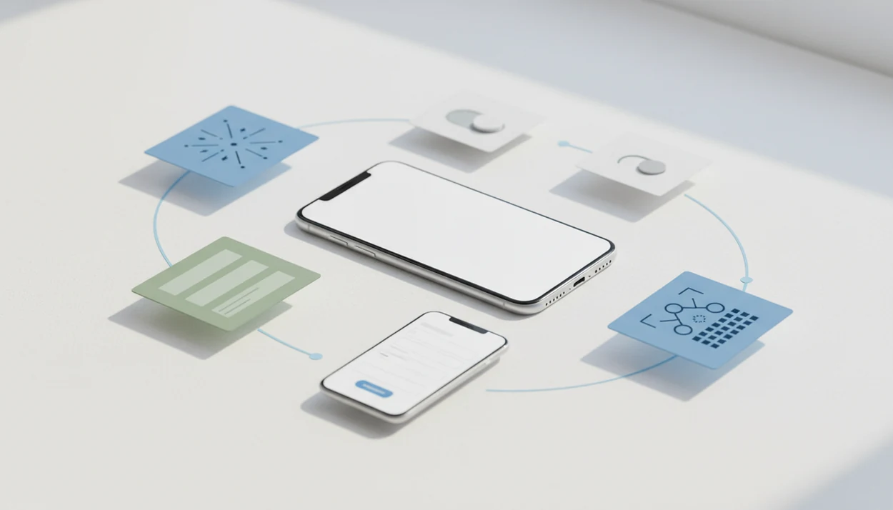 A smartphone surrounded by simple visual cards showing the steps to create and share a mobile form.