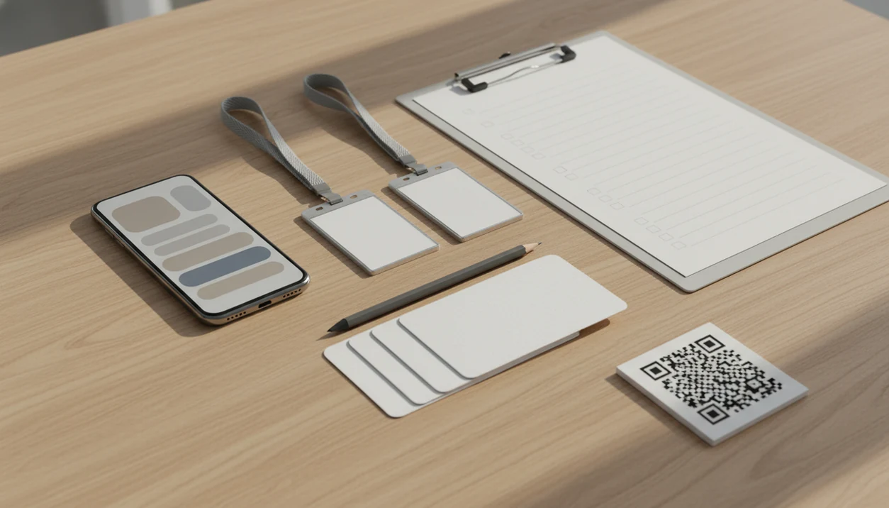 A phone, blank badges, invitation cards, and a clipboard arranged for mobile event registration.