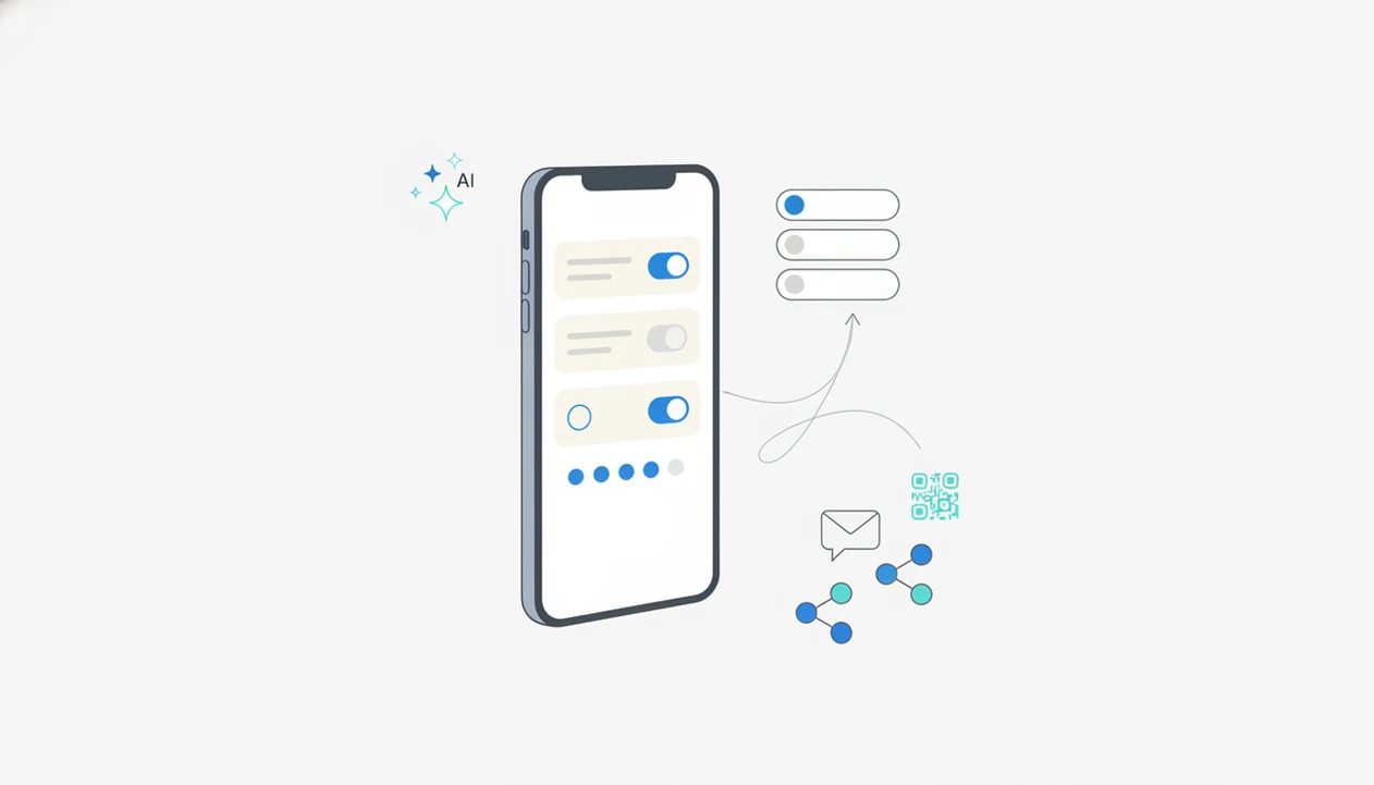 A smartphone illustration shows a blank mobile survey workflow with question cards and sharing symbols.