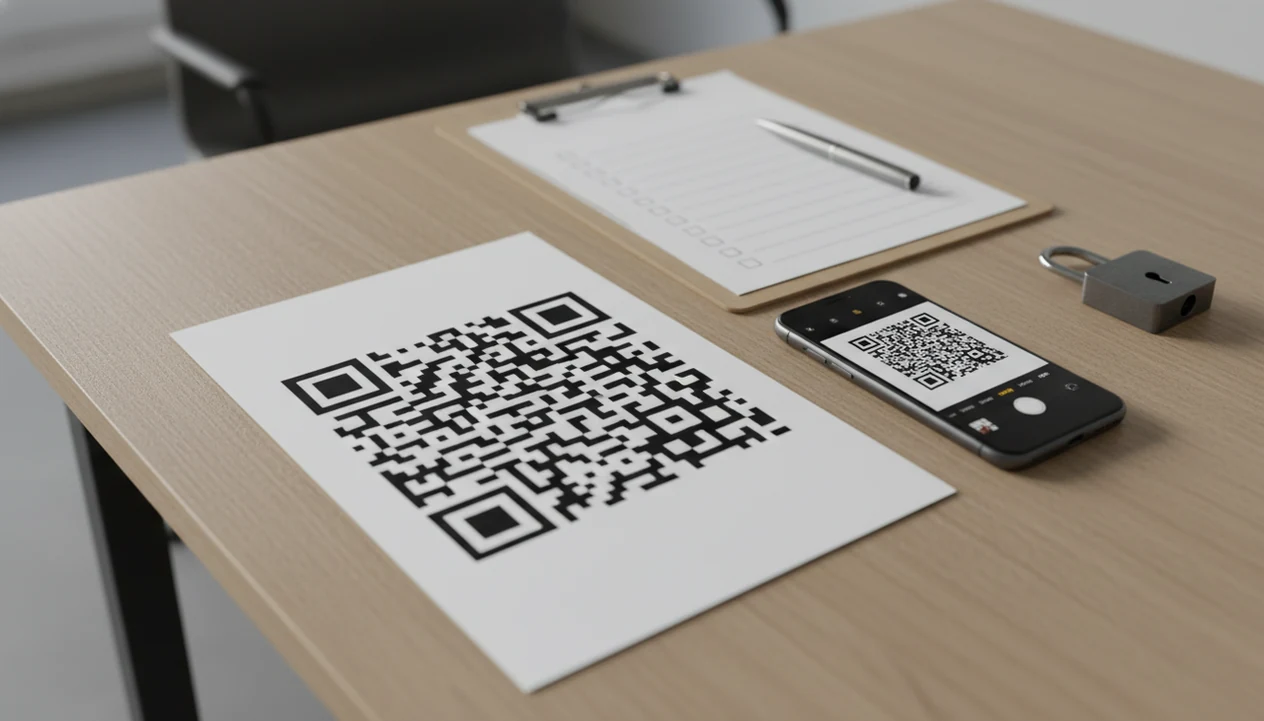 A phone scans a QR code on a printed form flyer beside a clipboard and small padlock.