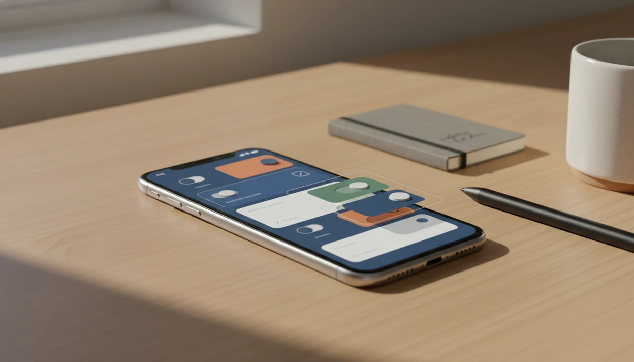 A smartphone on a desk shows abstract form builder blocks beside a notebook and coffee cup.