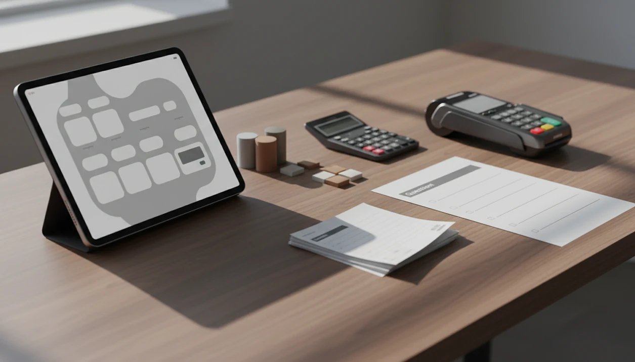 A desk setup contrasts an integrated payment form with a separate questionnaire and card reader.