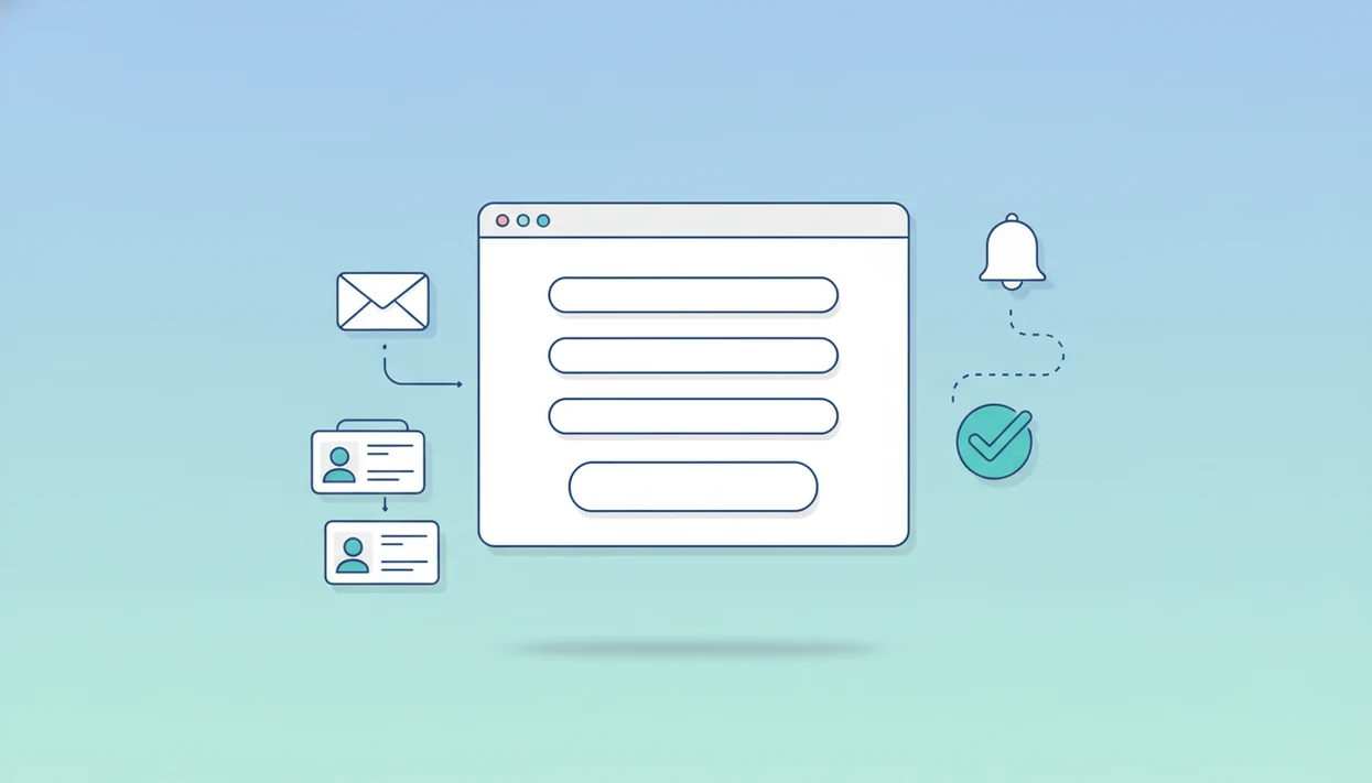 A clean illustration shows a lead capture form connected to email, CRM cards, and workflow icons.
