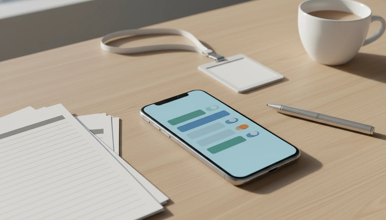 A smartphone on a desk shows a blank mobile form builder layout beside paper forms and office items.