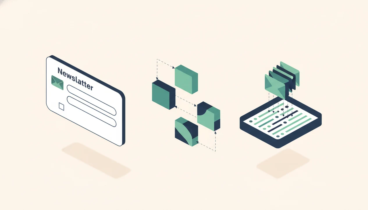 Abstract illustration of a newsletter signup form sending clean subscriber data into an organized list.