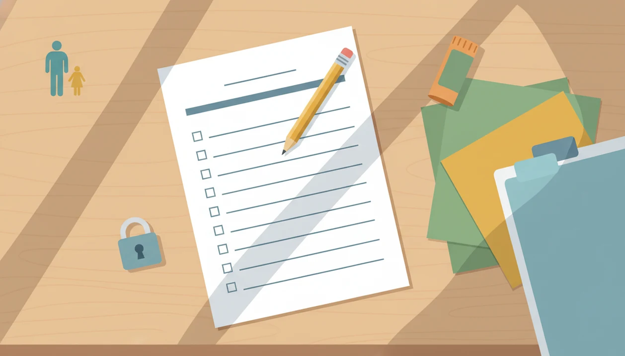 An organized school signup form with a padlock and classroom supplies on a tidy desk.