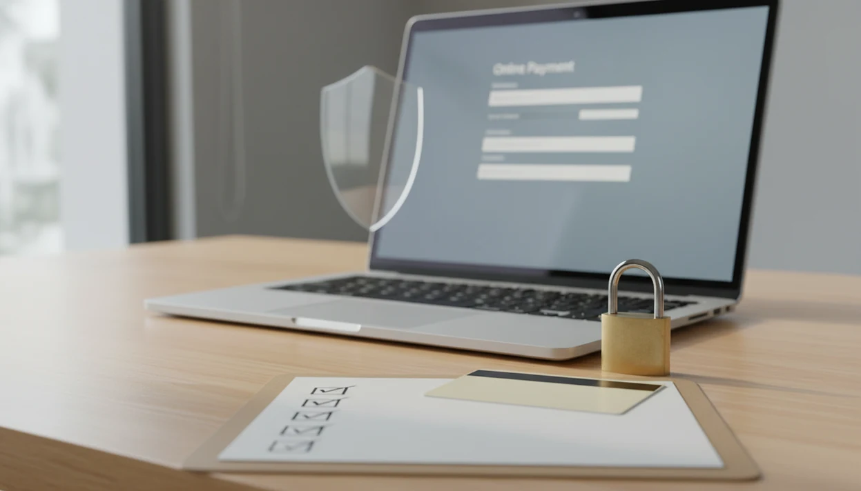 A laptop, generic payment card, padlock, and checklist arranged on a calm desk for payment form safety.