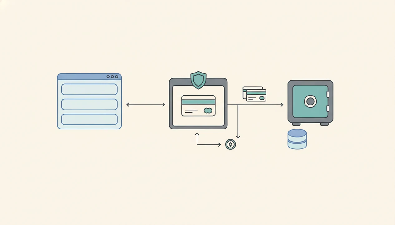 A simple diagram shows card data routed to a processor while a token returns to the form system.