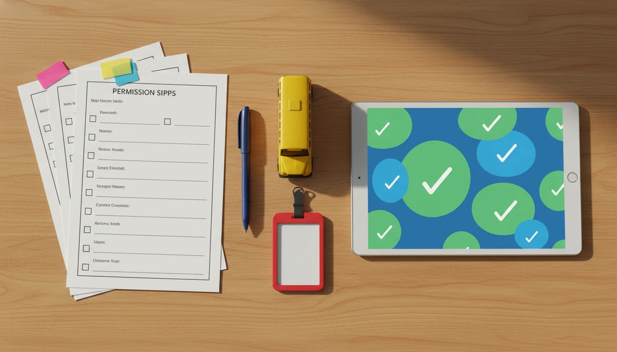 A classroom desk shows paper permission slips beside a tablet, pen, and school bus toy.