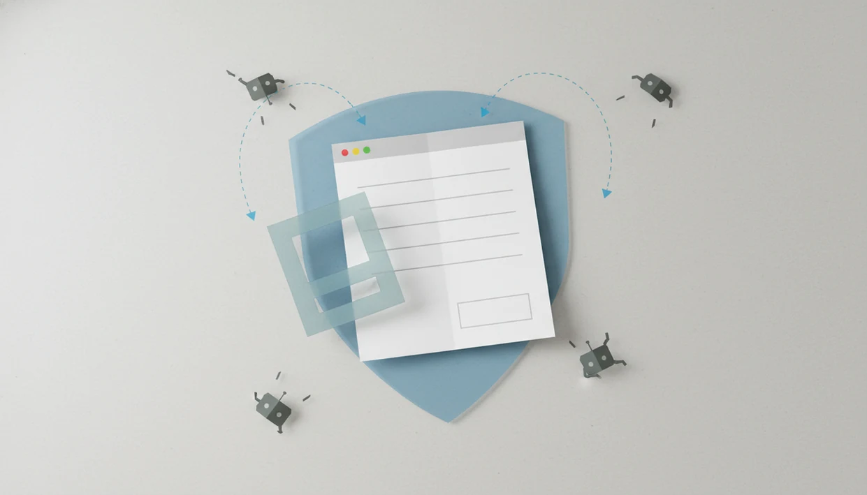A blank web form is protected by layered shield elements while bot shapes are kept outside.