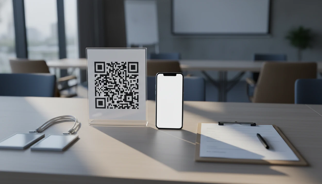 A check-in table shows a QR code sign, phone, clipboard, pen, and blank badges for form access.