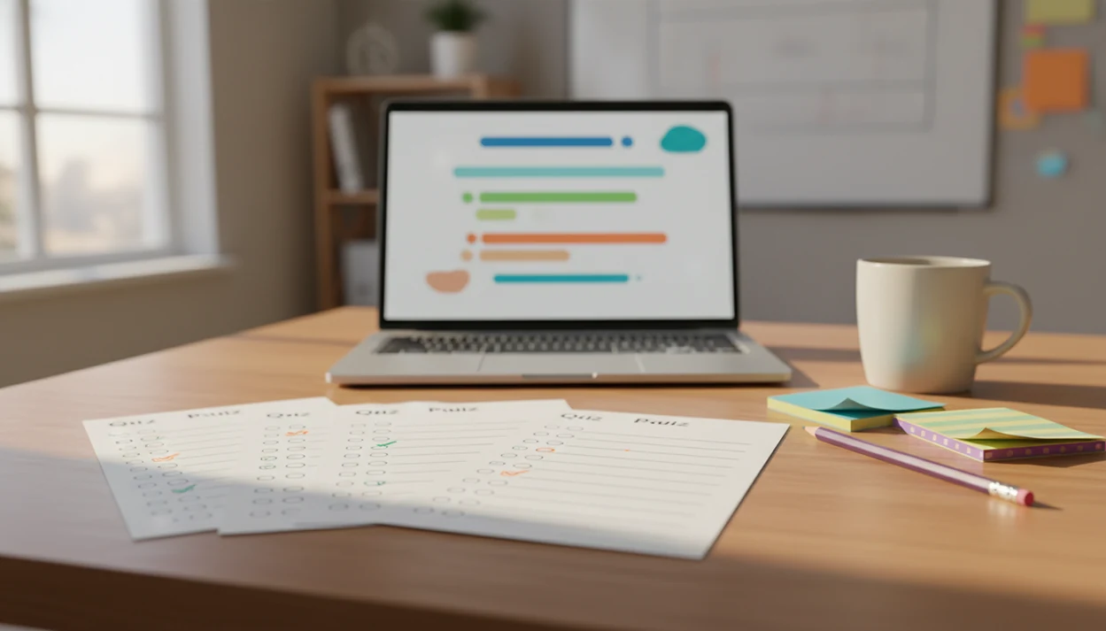 A teacher’s desk shows quiz sheets, sticky notes, and a laptop with blurred response patterns.