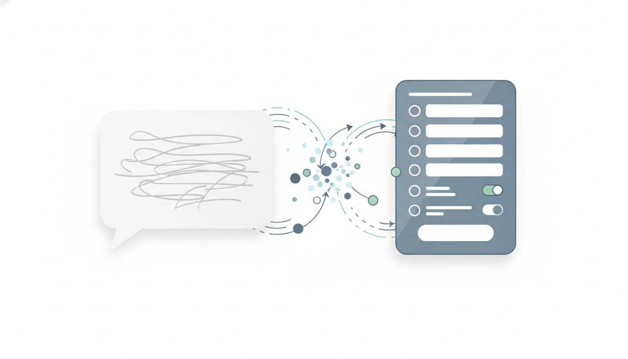 A prompt bubble transforms into a structured form with fields, checkboxes, and controls.