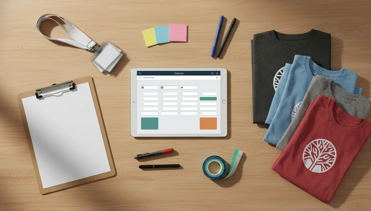 A tablet with a blank volunteer signup form sits among badges, shift notes, pens, and event supplies.