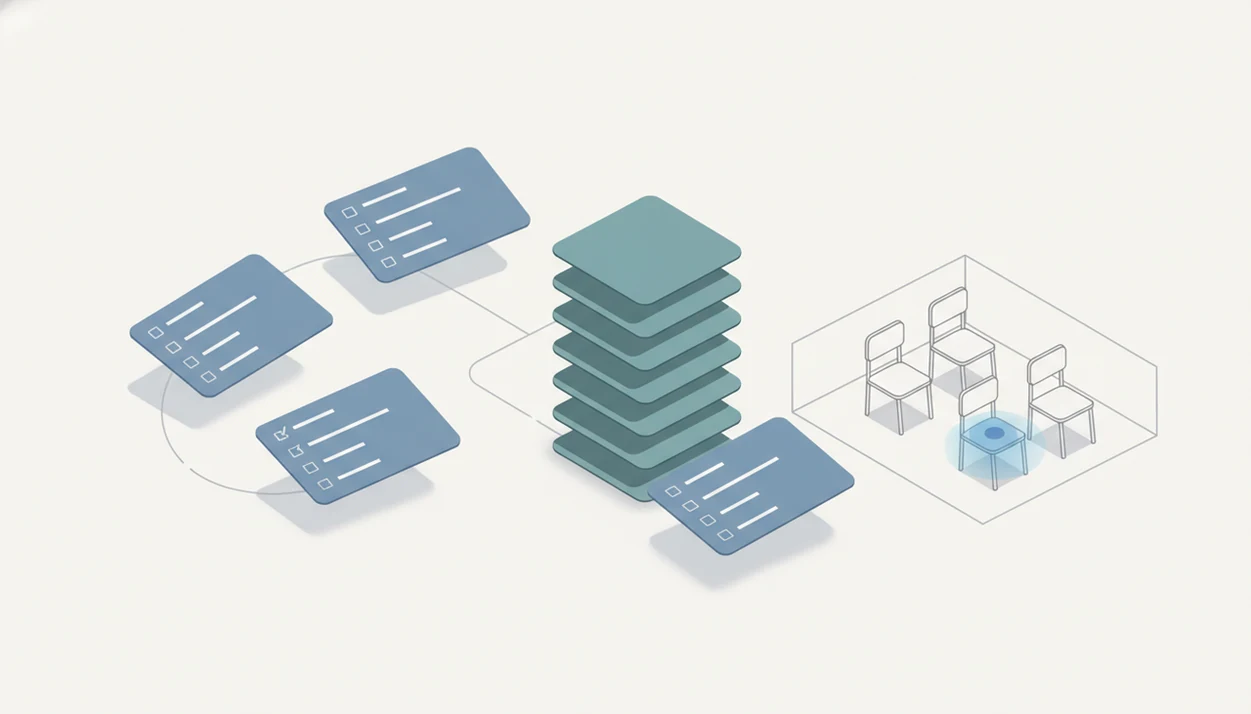 Blank signup cards flow into an organized queue beside a limited-capacity event seating area.