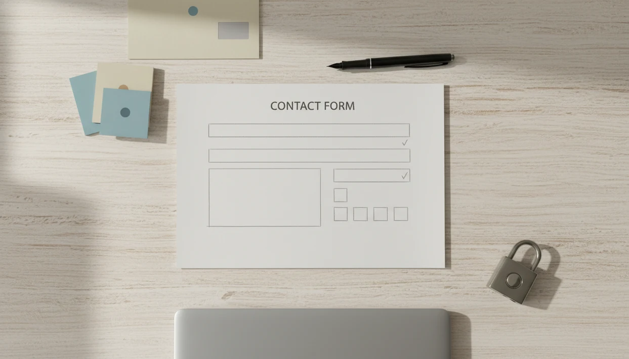 A blank contact form wireframe on a tidy desk with a pen, envelope, notes, and privacy lock.