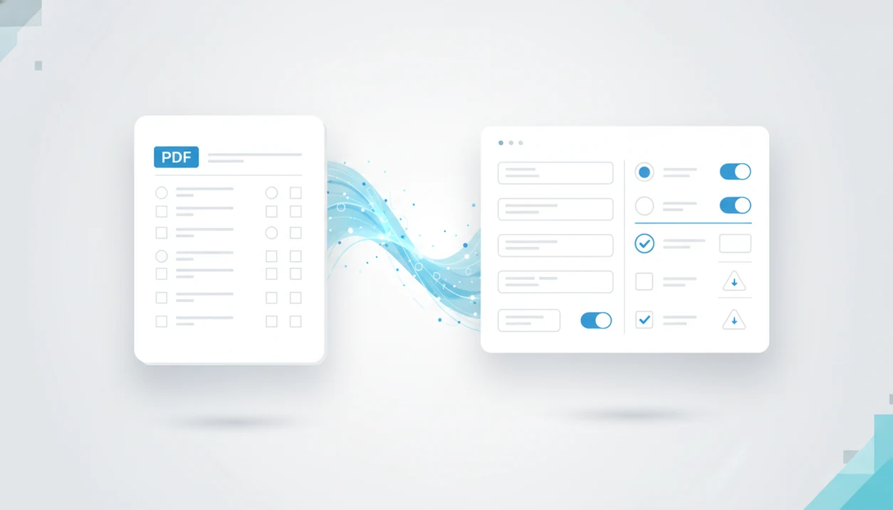 An illustrated PDF page transforms into organized online form fields through AI extraction paths.